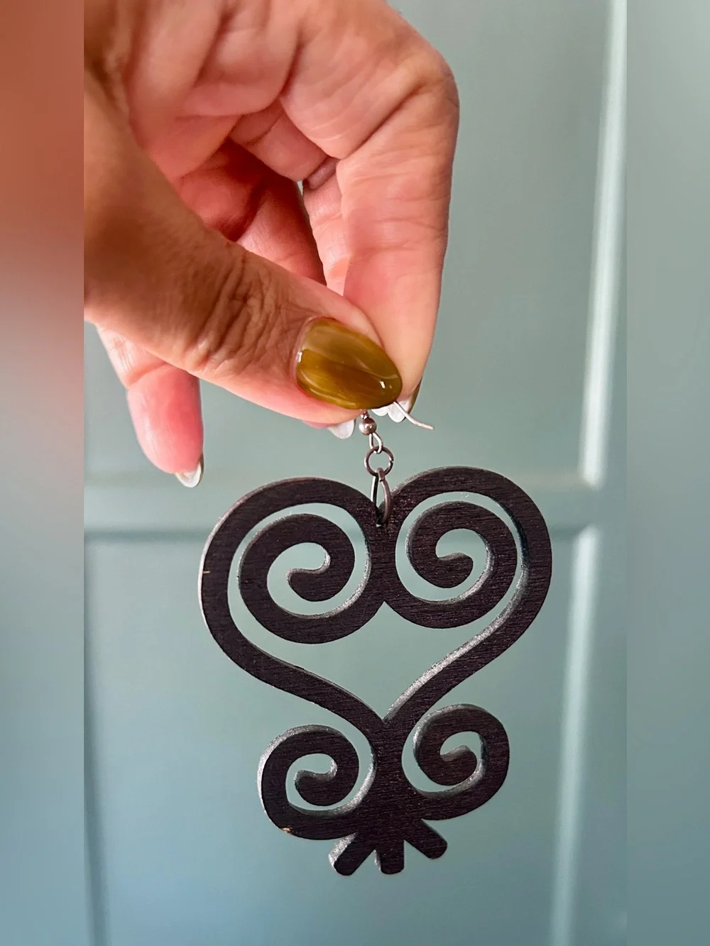 Black Sankofa Heart Wood Drop Earrings Adinkra Symbol Jewelry